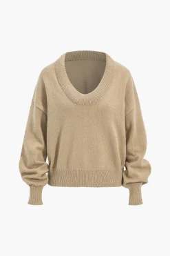 MICAS Knitwear|Knit Tops-Sweater V-Neck Long-Sleeve Top WHEAT