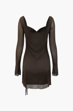 MICAS Long Sleeve Dresses|Mini Dresses-Sweetheart Neckline Mesh Cut Out Mini Dress COFFEE