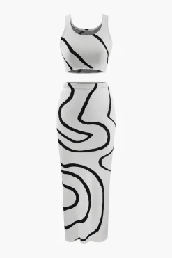 MICAS Skirt Sets-Swirl Stripe Knit Tank Top And Midi Skirt Set BEIGE