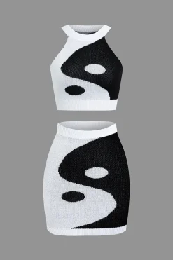 MICAS Knit Sets-Tai Chi Print Contrast Crop Knit Top And Mini Skirt Set BLACK