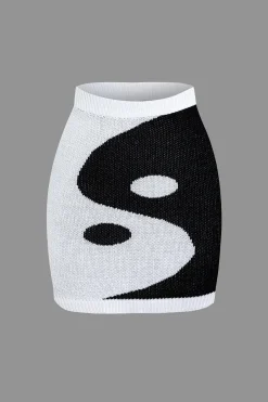 MICAS Knit Sets-Tai Chi Print Contrast Crop Knit Top And Mini Skirt Set BLACK