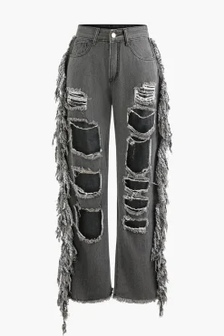 MICAS Jeans-Tassel Ripped Frayed Straight Leg Jeans BLACK