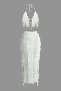 MICAS Vacation Sets|Knit Sets-Tassel Tie Halter Knit Bra Top And Distressed Ladder Maxi Skirt Set WHITE