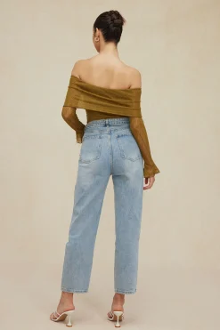 MICAS Long Sleeve Tops|Long Sleeves Tops-Texture Off Shoulder Asymmetrical Tie Mesh Top