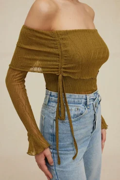 MICAS Long Sleeve Tops|Long Sleeves Tops-Texture Off Shoulder Asymmetrical Tie Mesh Top