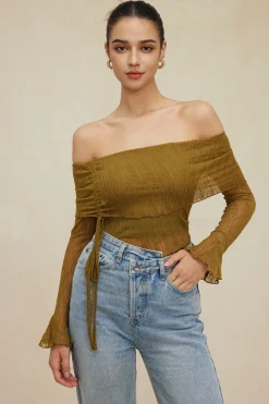 MICAS Long Sleeve Tops|Long Sleeves Tops-Texture Off Shoulder Asymmetrical Tie Mesh Top
