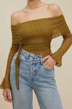 MICAS Long Sleeve Tops|Long Sleeves Tops-Texture Off Shoulder Asymmetrical Tie Mesh Top