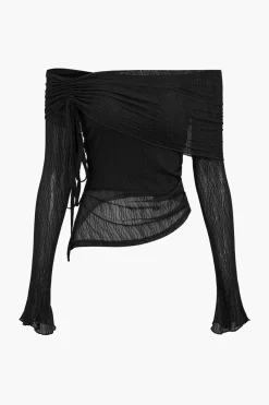 MICAS Long Sleeve Tops|Long Sleeves Tops-Texture Off Shoulder Asymmetrical Tie Mesh Top