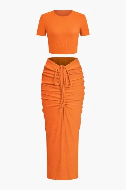 MICAS Skirt Sets|Vacation Sets-Textured Crop Top And Drawstring Ruched Skirt Set