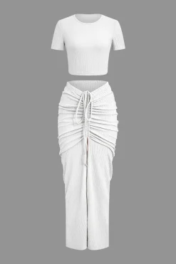 MICAS Skirt Sets|Vacation Sets-Textured Crop Top And Drawstring Ruched Skirt Set