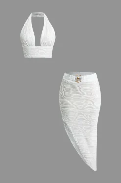 MICAS Skirt Sets|Vacation Sets-Textured Halter Backless Skirt Set WHITE