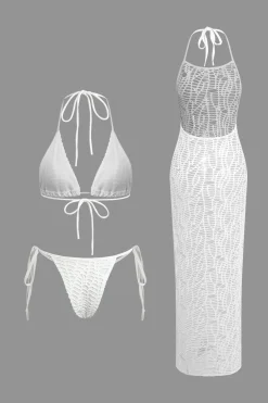 MICAS Swimwear|Vacation Sets-Textured Halter Neck Bikini And Open Knit Cover Up Set