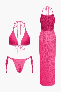 MICAS Swimwear|Vacation Sets-Textured Halter Neck Bikini And Open Knit Cover Up Set