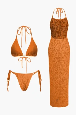MICAS Swimwear|Vacation Sets-Textured Halter Neck Bikini And Open Knit Cover Up Set