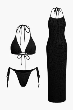 MICAS Swimwear|Vacation Sets-Textured Halter Neck Bikini And Open Knit Cover Up Set