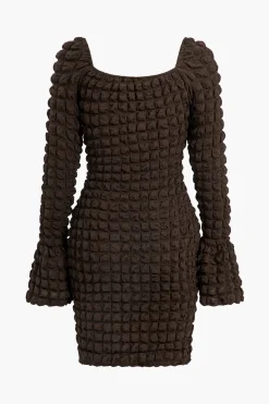 MICAS Mini Dresses|Long Sleeve Dresses-Textured Long Sleeve Bell Sleeves Mini Dress COFFEE