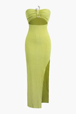 MICAS Maxi Dresses-Textured Ruched Cut Out Strapless Slit Maxi Dress