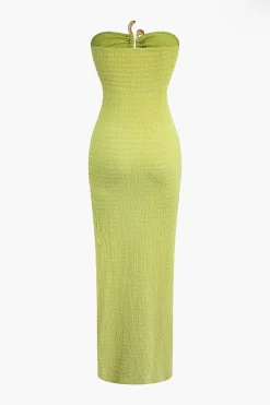 MICAS Maxi Dresses-Textured Ruched Cut Out Strapless Slit Maxi Dress