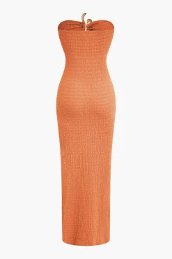 MICAS Maxi Dresses-Textured Ruched Cut Out Strapless Slit Maxi Dress