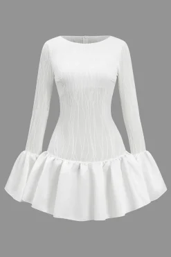 MICAS Long Sleeve Dresses|Mini Dresses-Textured Ruffle Long Sleeve Mini Dress WHITE