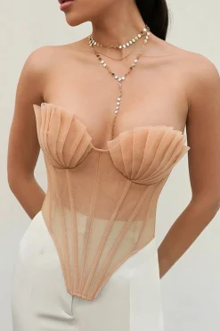 MICAS Tube Tops|Corset & Bustier Tops-Tie Back Sheer Mesh Corset Strapless Top LIGHT PINK
