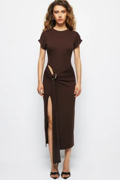 MICAS Midi Dresses-Tie Cut Out Ruched Midi Dress COFFEE