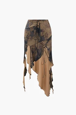 MICAS Skirts-Tie Dye Asymmetric Ruffle Hem Skirt CARAMEL