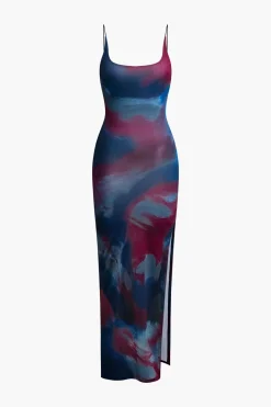 MICAS Midi Dresses-Tie Dye Backless Slit Slip Midi Dress MULTICOLOR