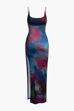 MICAS Midi Dresses-Tie Dye Backless Slit Slip Midi Dress MULTICOLOR