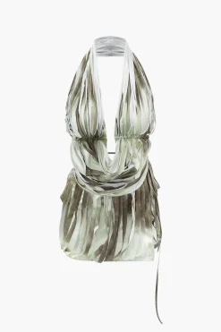 MICAS Skirt Sets-Tie Dye Destroyed Halter Top And Asymmetric Mini Skirt Set GRAY