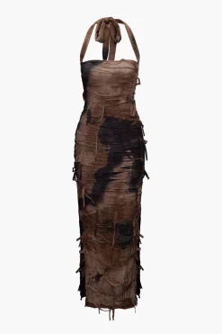 MICAS Maxi Dresses-Tie Dye Distressed Mesh Slit Halter Maxi Dress