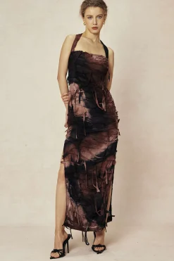MICAS Maxi Dresses-Tie Dye Distressed Mesh Slit Halter Maxi Dress