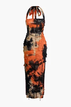 MICAS Maxi Dresses-Tie Dye Distressed Mesh Slit Halter Maxi Dress