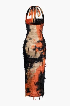 MICAS Maxi Dresses-Tie Dye Distressed Mesh Slit Halter Maxi Dress
