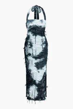 MICAS Maxi Dresses-Tie Dye Distressed Mesh Slit Halter Maxi Dress