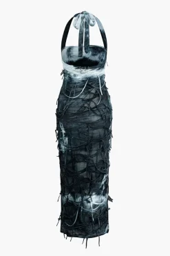 MICAS Maxi Dresses-Tie Dye Distressed Mesh Slit Halter Maxi Dress