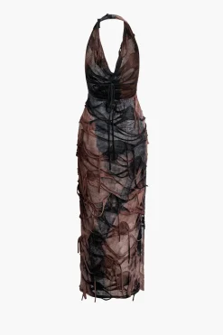 MICAS Maxi Dresses-Tie Dye Distressed Mesh Slit Halter Cowl Neck Maxi Dress BROWN