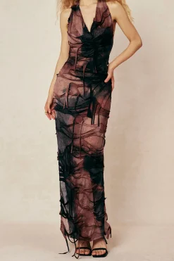 MICAS Maxi Dresses-Tie Dye Distressed Mesh Slit Halter Cowl Neck Maxi Dress BROWN