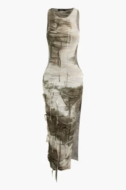 MICAS Maxi Dresses-Tie Dye Distressed Sleeveless Cut Out Slit Maxi Dress MULTICOLOR
