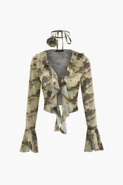 MICAS Long Sleeve Tops|Long Sleeves Tops-Tie Dye Flare Sleeve Tie Front Ruffle Top And Rose Choker BROWN