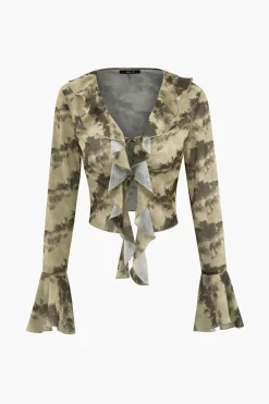 MICAS Long Sleeve Tops|Long Sleeves Tops-Tie Dye Flare Sleeve Tie Front Ruffle Top And Rose Choker BROWN