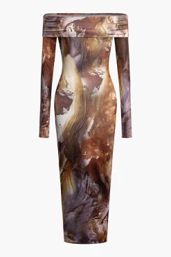 MICAS Long Sleeve Dresses|Midi Dresses-Tie Dye Long Sleeve Off Shoulder Midi Dress BROWN