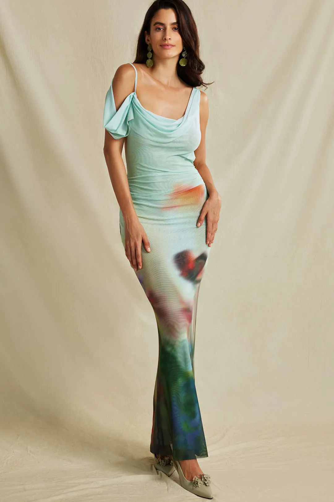 MICAS Maxi Dresses-Tie Dye Mesh Backless Asymmetric Cowl Neck Maxi Dress MULTICOLOR