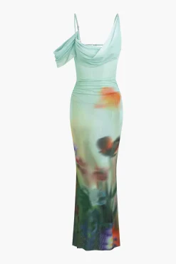 MICAS Maxi Dresses-Tie Dye Mesh Backless Asymmetric Cowl Neck Maxi Dress MULTICOLOR