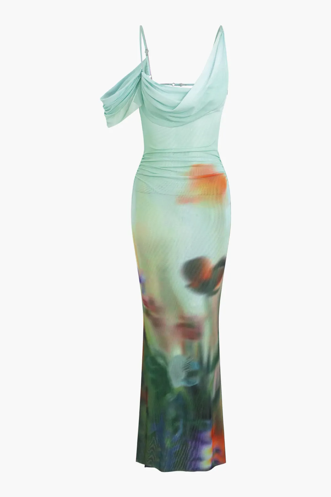 MICAS Maxi Dresses-Tie Dye Mesh Backless Asymmetric Cowl Neck Maxi Dress MULTICOLOR