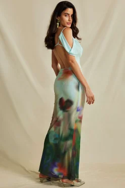MICAS Maxi Dresses-Tie Dye Mesh Backless Asymmetric Cowl Neck Maxi Dress MULTICOLOR