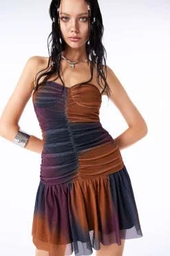 MICAS Mini Dresses-Tie Dye Mesh Ruched Strapless Mini Dress MULTICOLOR