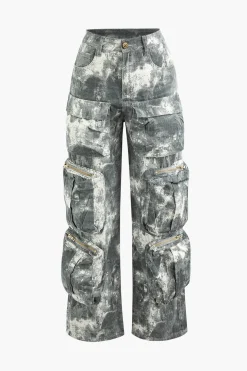 MICAS Cargo Pants|Pants-Tie Dye Multi Pocket Straight Leg Cargo Jeans GRAY