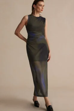 MICAS Midi Dresses-Tie Dye Print Ruched Midi Dress BROWN