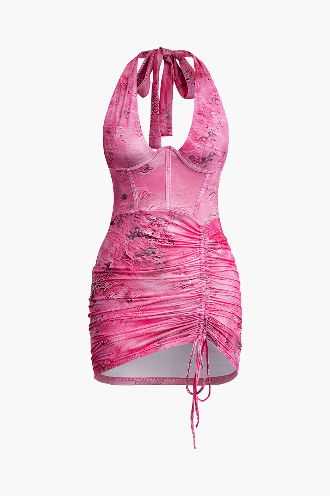 MICAS Mini Dresses-Tie Dye Ruched Drawstring Halter Mini Dress PINK